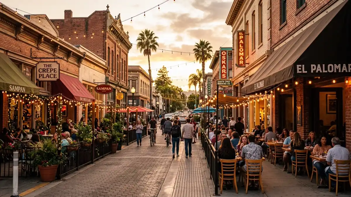 Restaurant district in Santa Cruz, California with nearby public restroom facilities