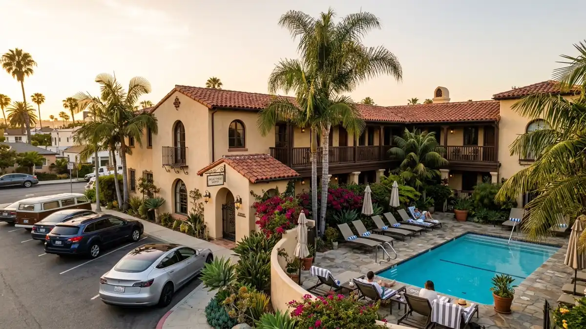 Hotels and accommodation options near mapped restrooms in Santa Monica, California