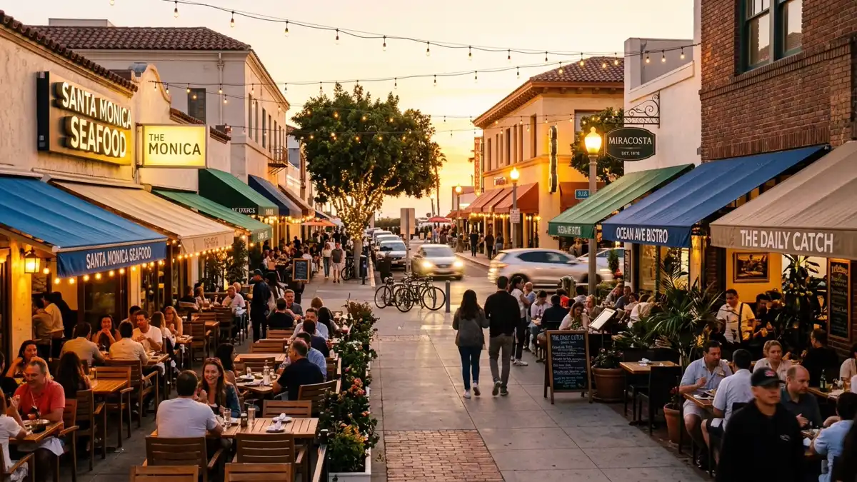 Restaurant district in Santa Monica, California with nearby public restroom facilities