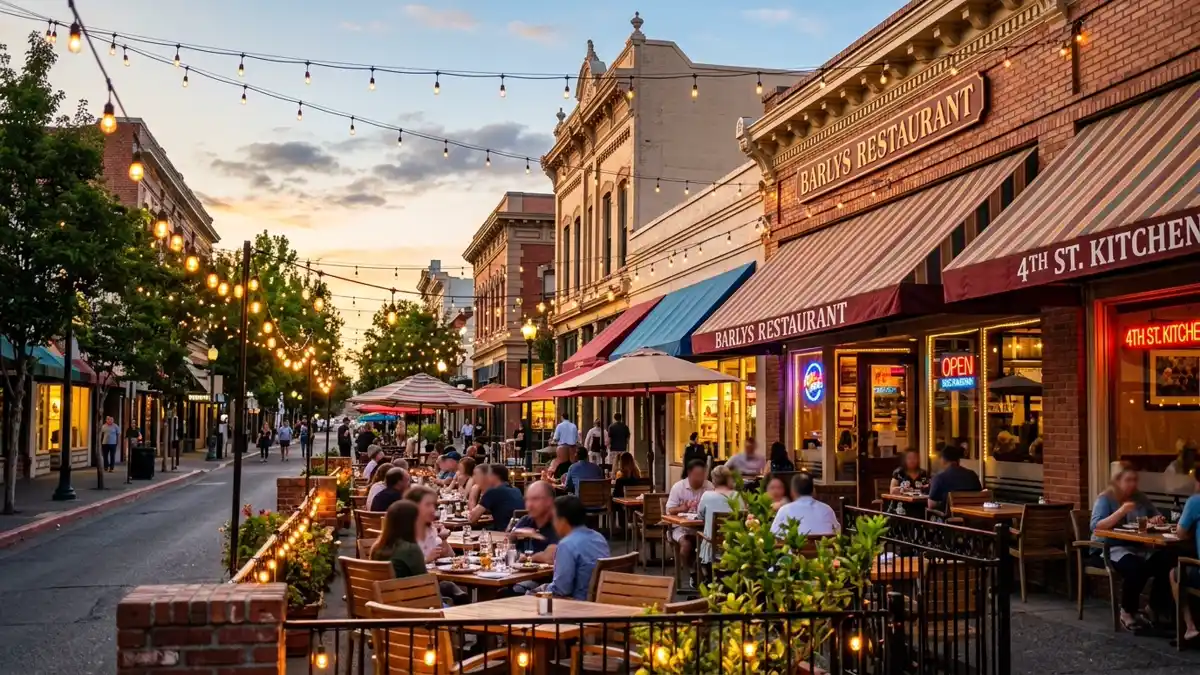 Restaurant district in Santa Rosa, California with nearby public restroom facilities