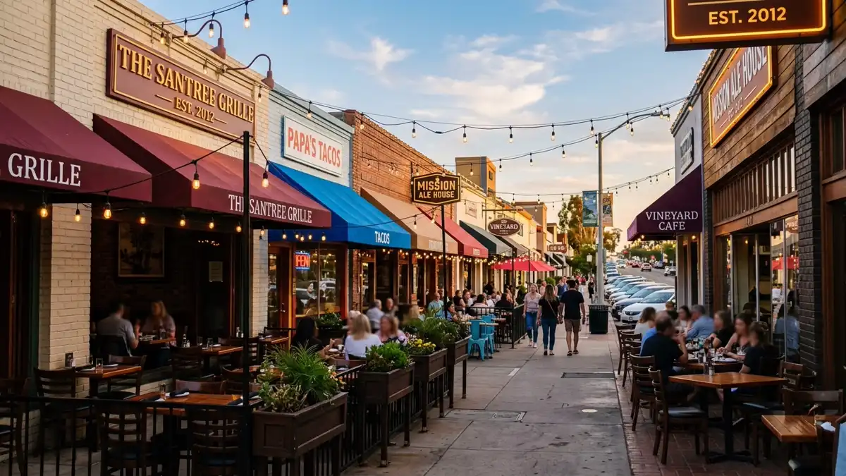 Restaurant district in Santee, California with nearby public restroom facilities
