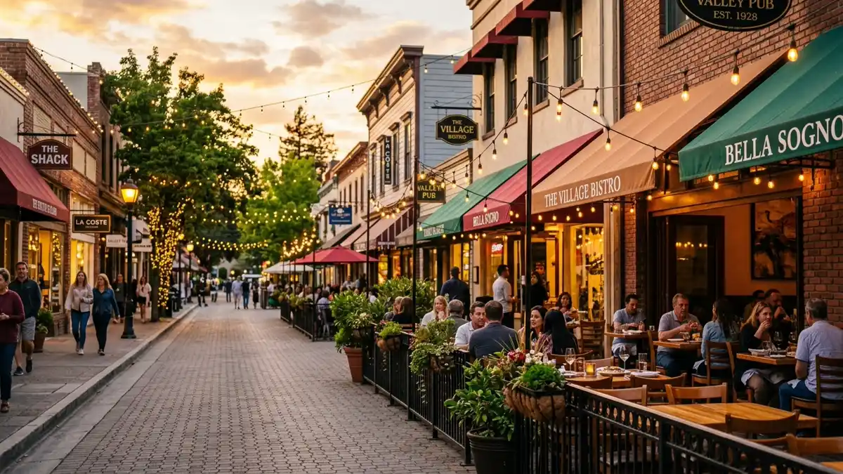 Restaurant district in Saratoga, California with nearby public restroom facilities