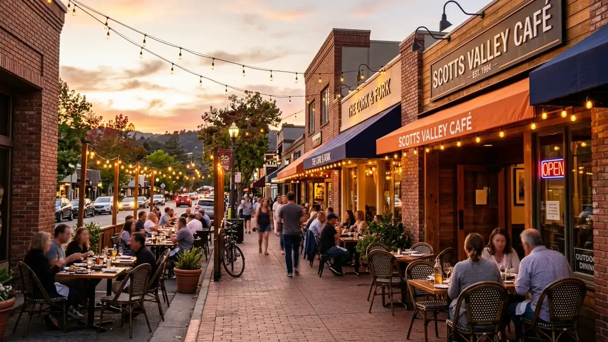 Restaurant district in Scotts Valley, California with nearby public restroom facilities