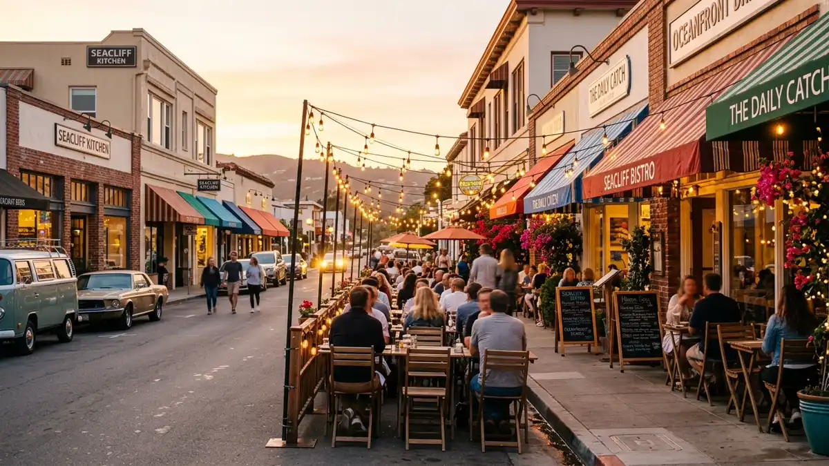 Restaurant district in Seacliff, California with nearby public restroom facilities
