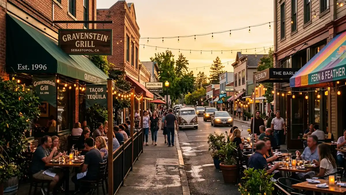 Restaurant district in Sebastopol, California with nearby public restroom facilities