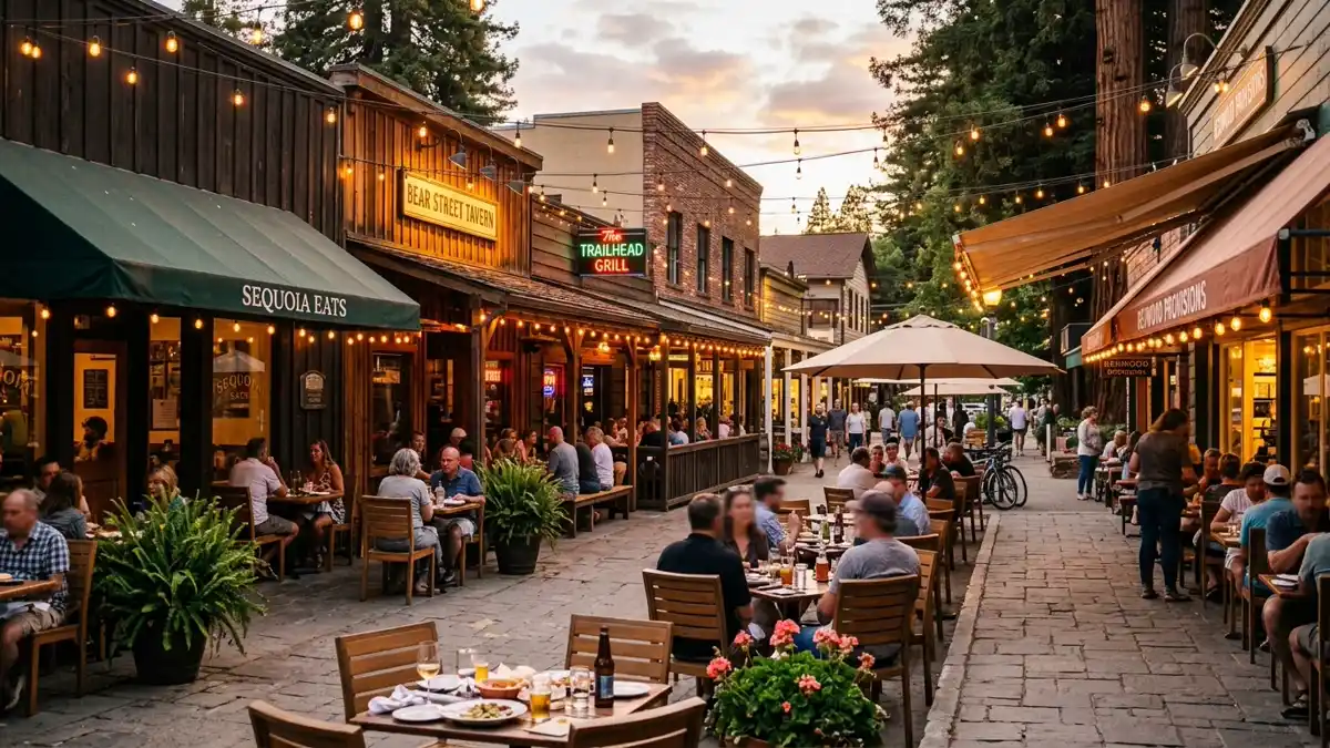 Restaurant district in Sequoia, California with nearby public restroom facilities