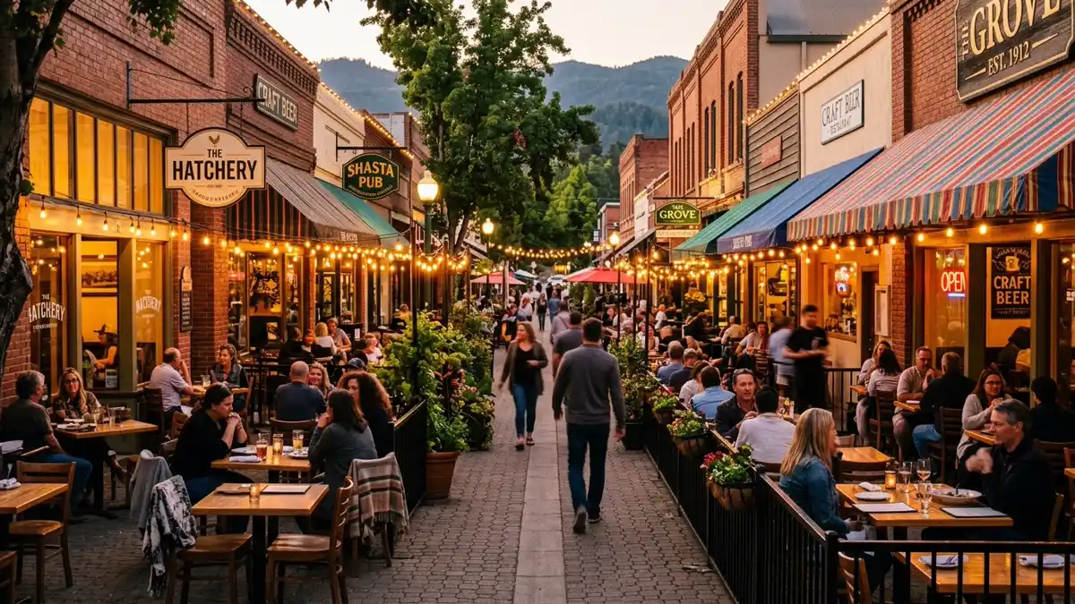 Restaurant district in Shasta County, California with nearby public restroom facilities