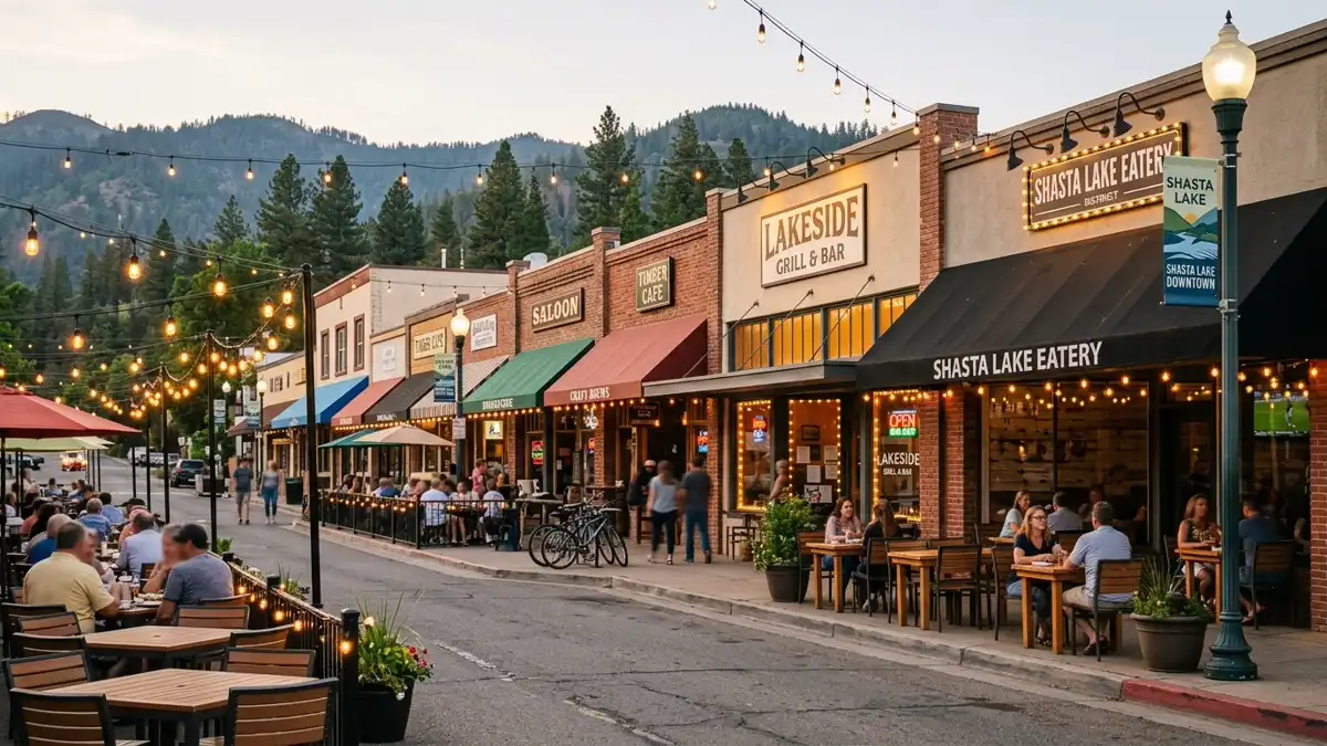 Restaurant district in Shasta Lake, California with nearby public restroom facilities