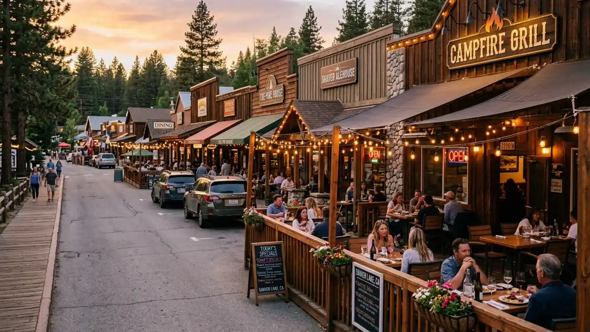 Restaurant district in Shaver Lake, California with nearby public restroom facilities