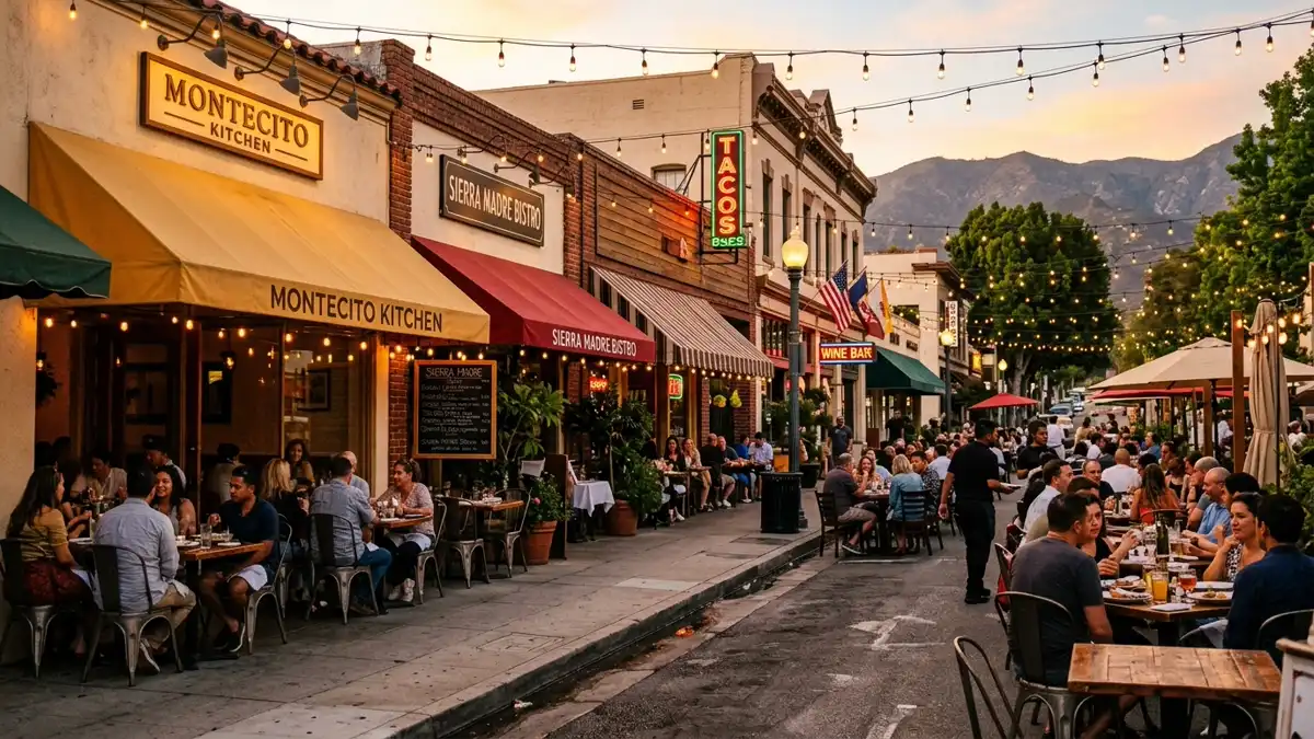 Restaurant district in Sierra Madre, California with nearby public restroom facilities
