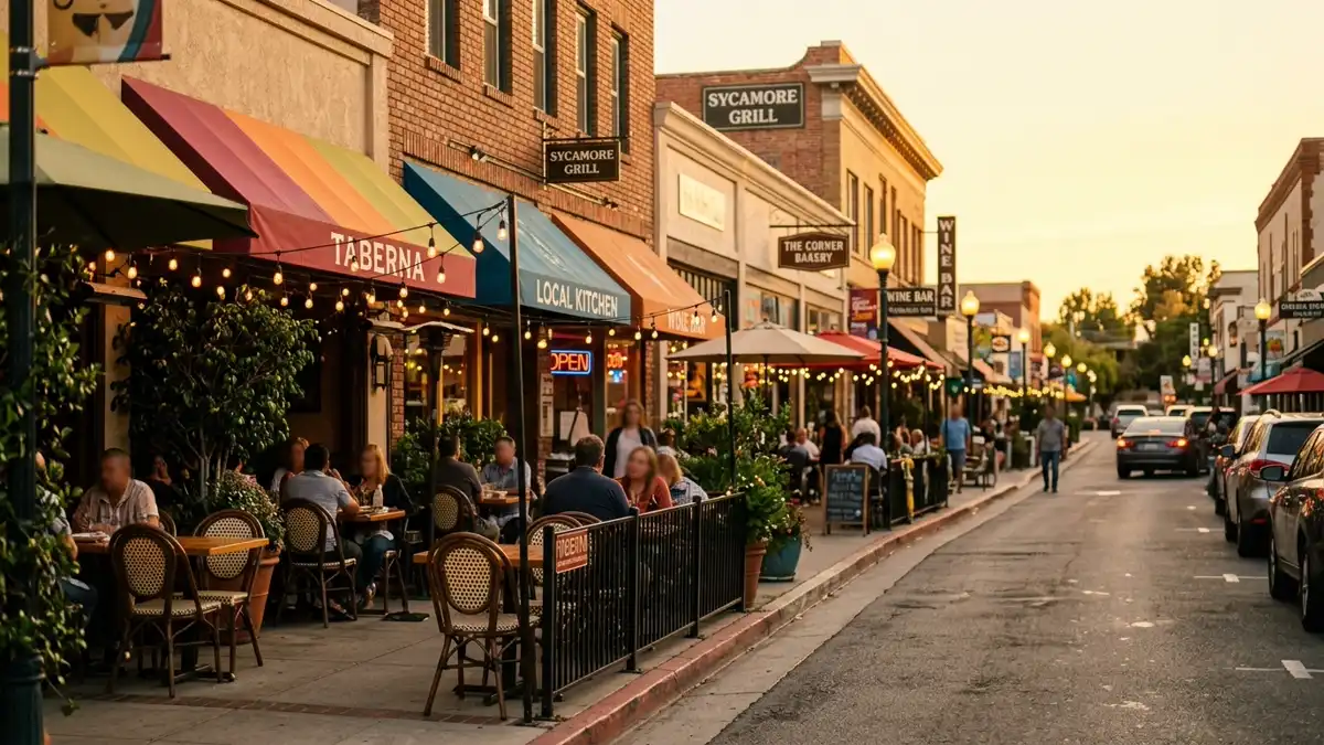 Restaurant district in Simi Valley, California with nearby public restroom facilities