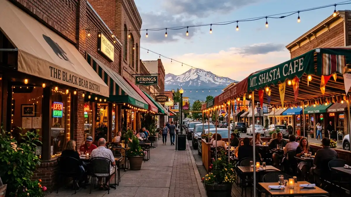 Restaurant district in Siskiyou County, California with nearby public restroom facilities