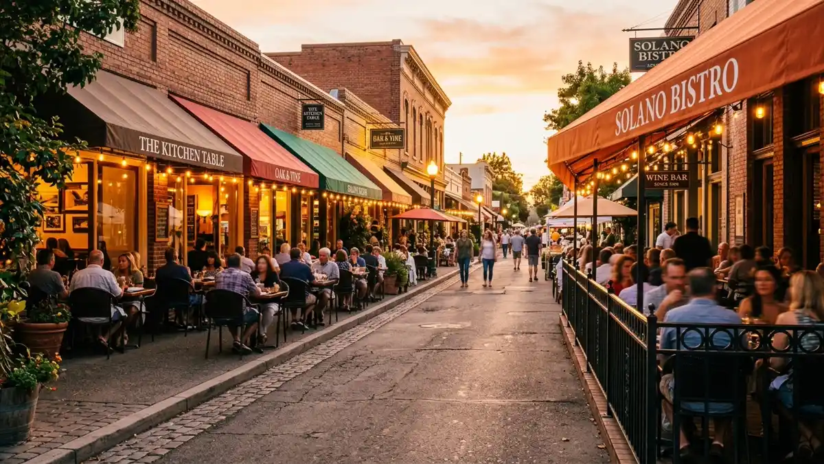 Restaurant district in Solano County, California with nearby public restroom facilities