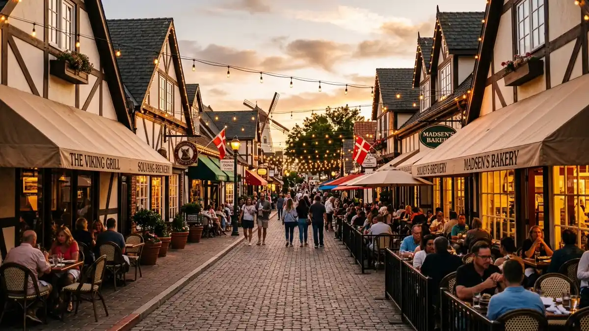 Restaurant district in Solvang, California with nearby public restroom facilities