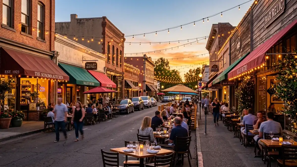 Restaurant district in Sonoma County, California with nearby public restroom facilities
