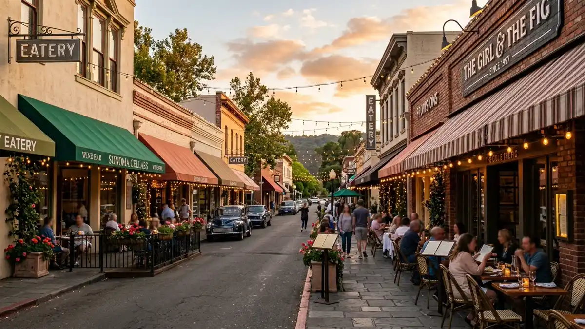Restaurant district in Sonoma, California with nearby public restroom facilities