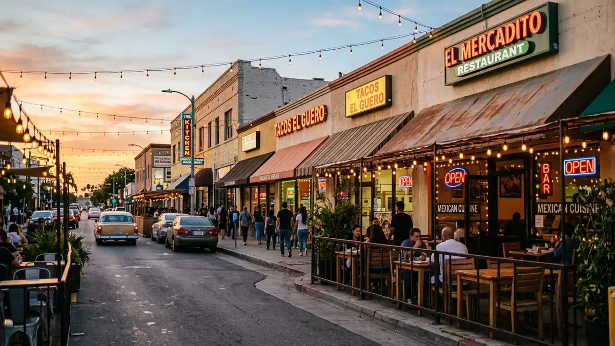 Restaurant district in South El Monte, California with nearby public restroom facilities