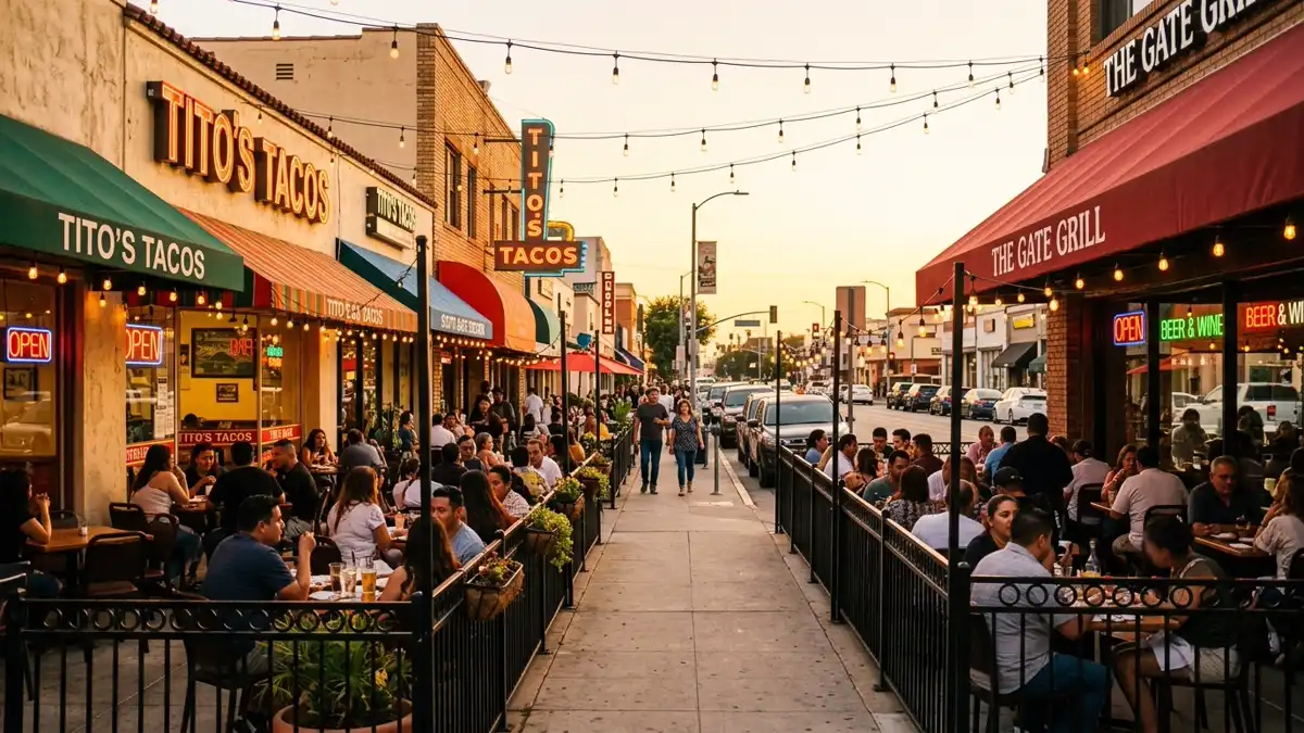Restaurant district in South Gate, California with nearby public restroom facilities