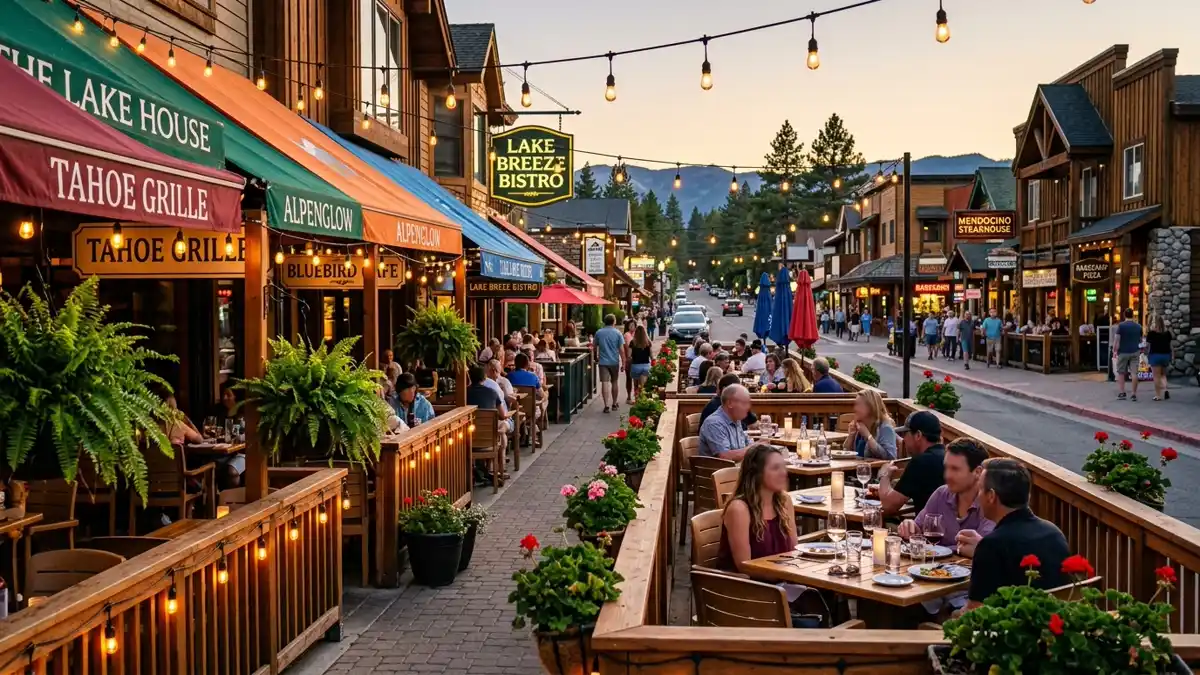 Restaurant district in South Lake Tahoe, California with nearby public restroom facilities