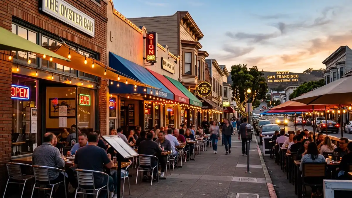Restaurant district in South San Francisco, California with nearby public restroom facilities