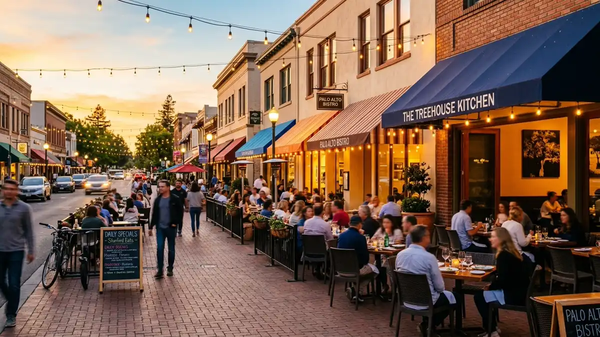 Restaurant district in Stanford, California with nearby public restroom facilities