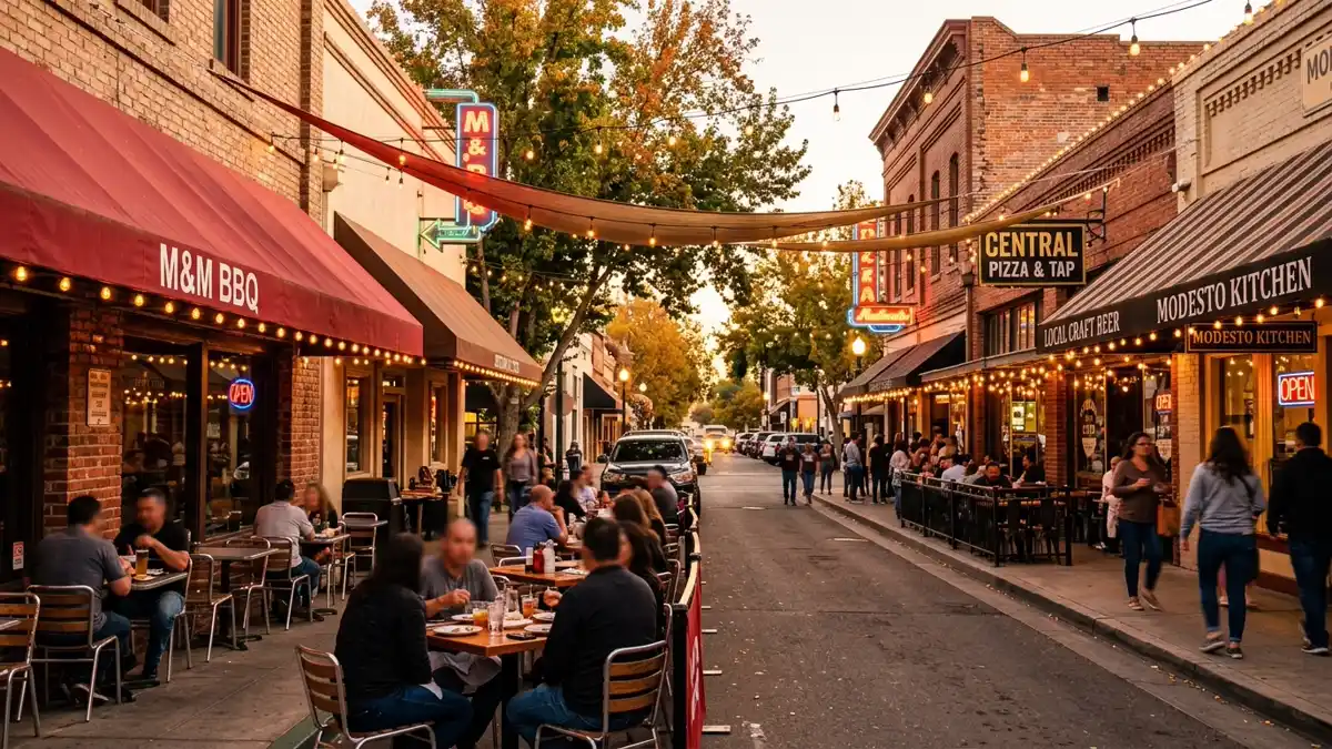 Restaurant district in Stanislaus County, California with nearby public restroom facilities