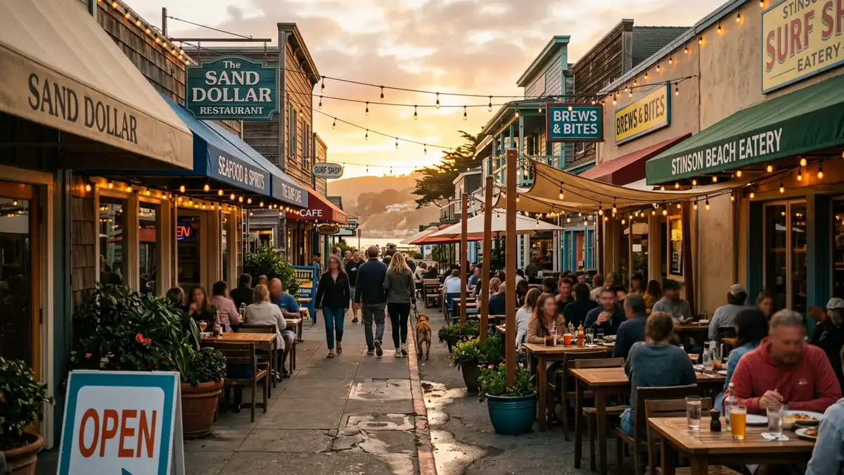 Restaurant district in Stinson Beach, California with nearby public restroom facilities