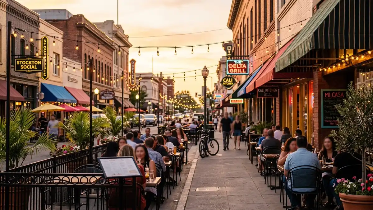 Restaurant district in Stockton, California with nearby public restroom facilities