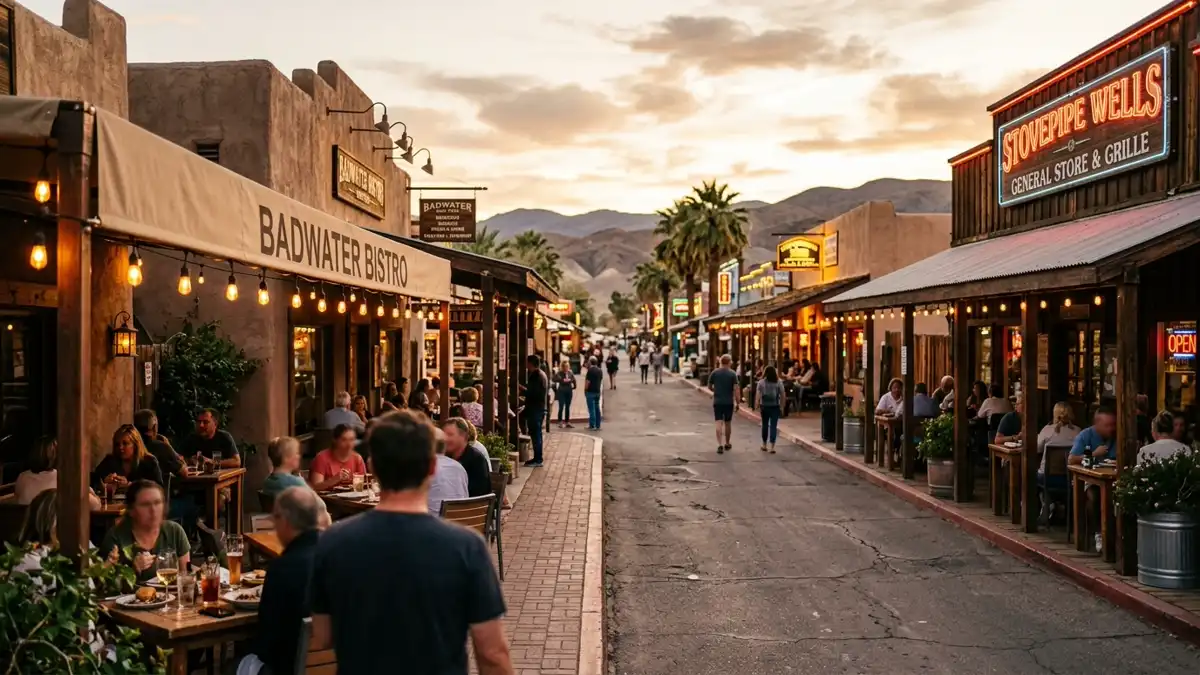 Restaurant district in Stovepipe Wells, California with nearby public restroom facilities