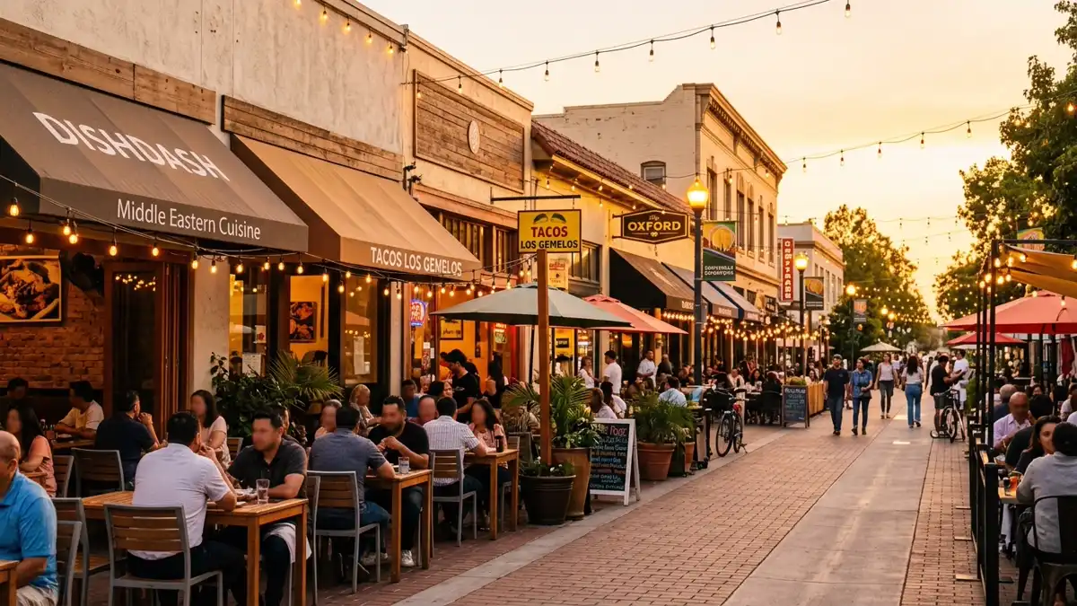 Restaurant district in Sunnyvale, California with nearby public restroom facilities