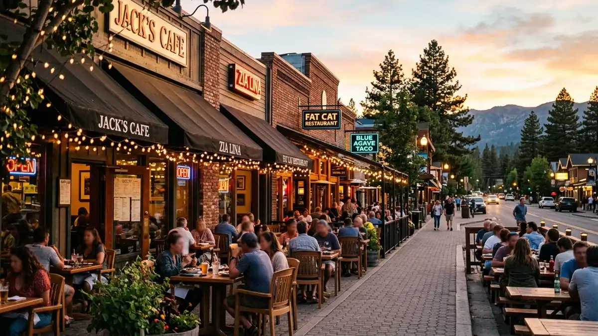 Restaurant district in Tahoe City, California with nearby public restroom facilities