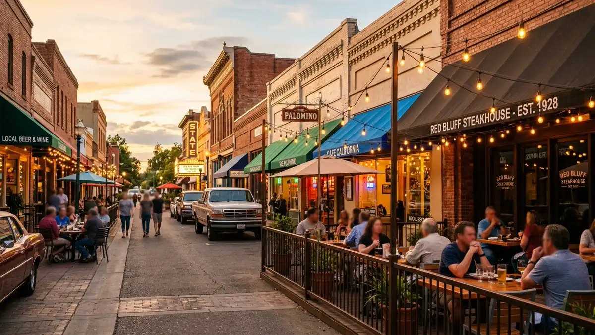 Restaurant district in Tehama County, California with nearby public restroom facilities