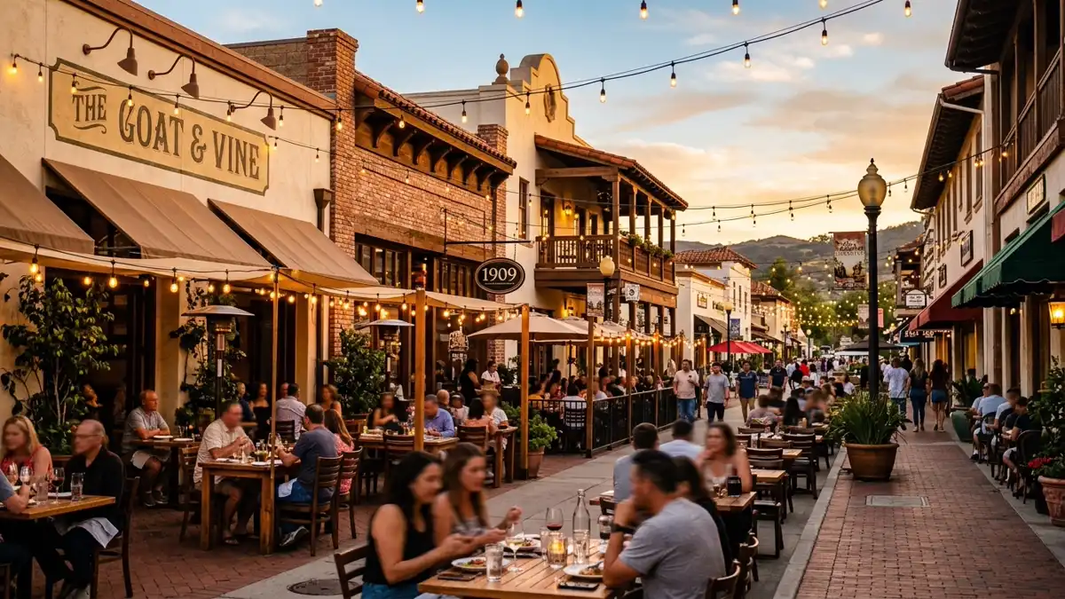 Restaurant district in Temecula, California with nearby public restroom facilities