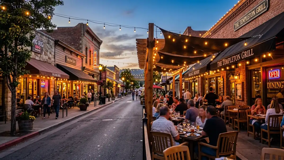 Restaurant district in Templeton, California with nearby public restroom facilities