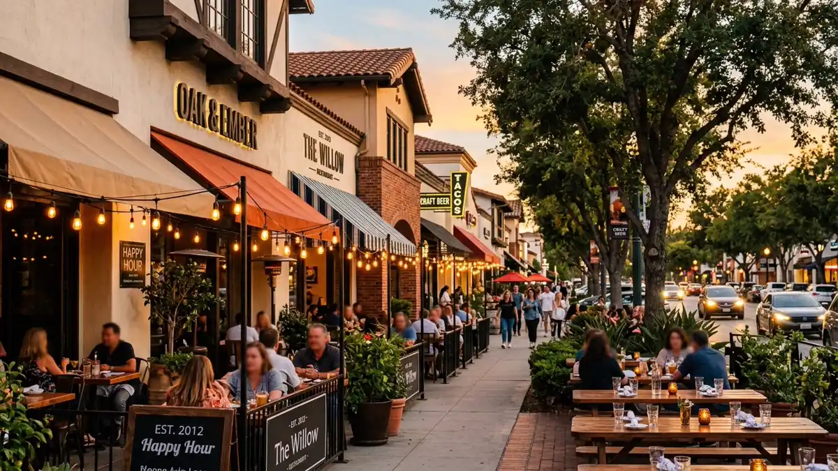 Restaurant district in Thousand Oaks, California with nearby public restroom facilities