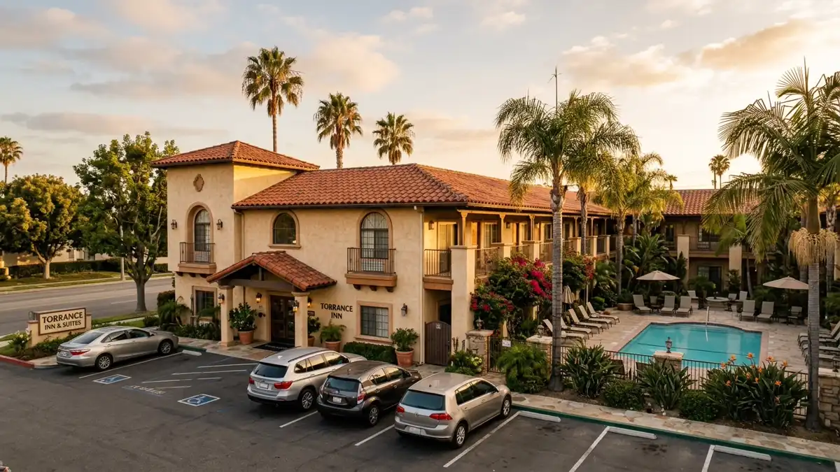 Hotels and accommodation options near mapped restrooms in Torrance, California