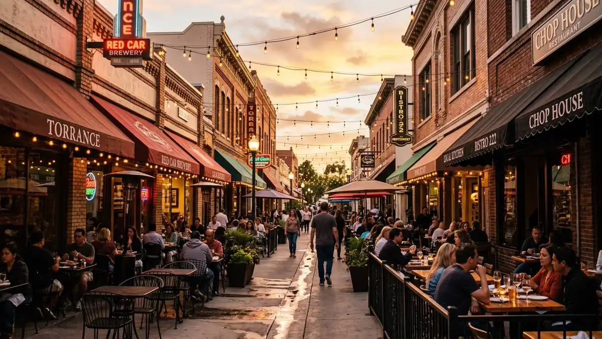 Restaurant district in Torrance, California with nearby public restroom facilities