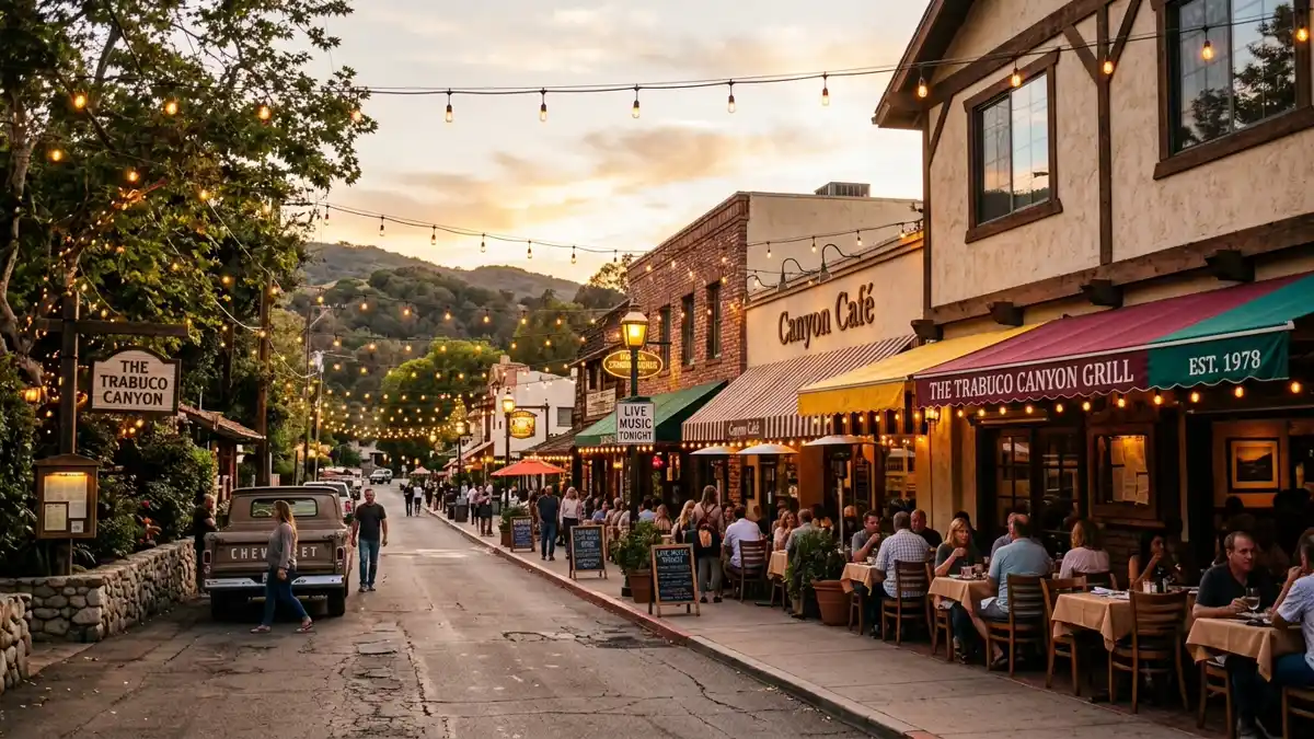 Restaurant district in Trabuco Canyon, California with nearby public restroom facilities