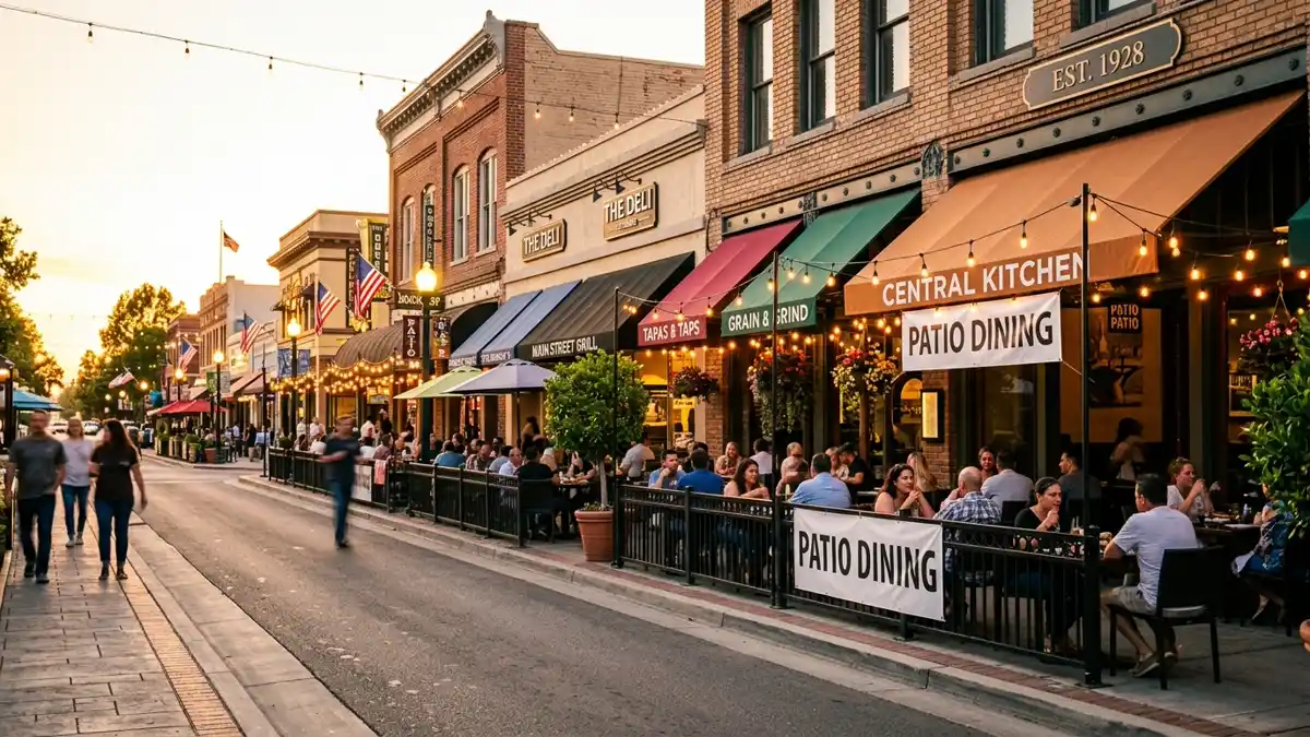 Restaurant district in Tracy, California with nearby public restroom facilities