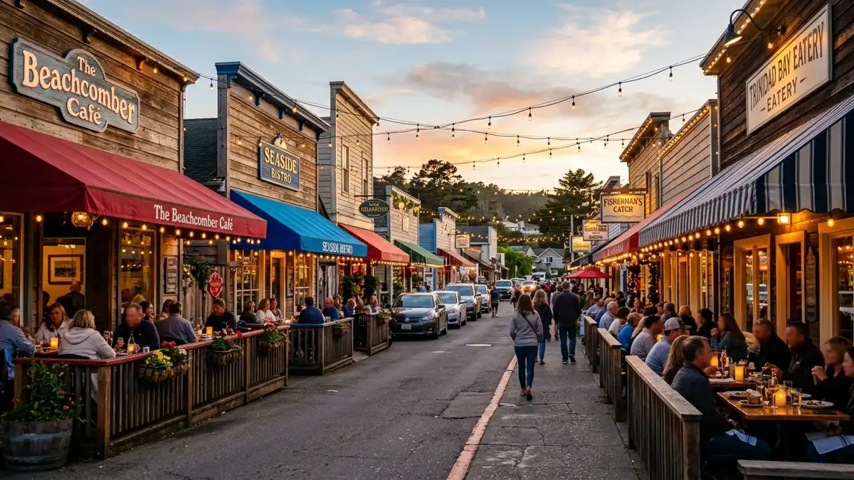 Restaurant district in Trinidad, California with nearby public restroom facilities