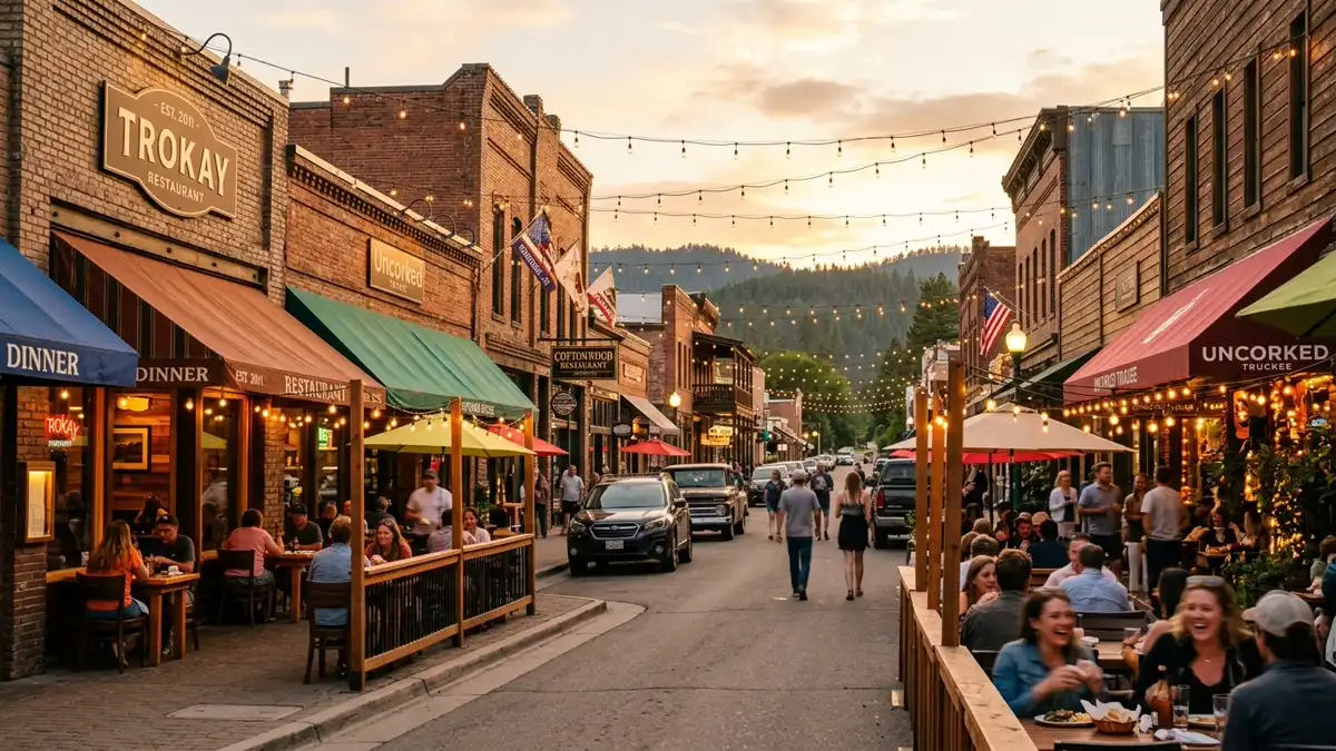 Restaurant district in Truckee, California with nearby public restroom facilities