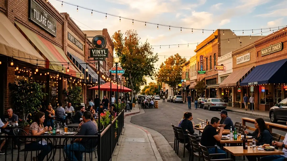 Restaurant district in Tulare County, California with nearby public restroom facilities