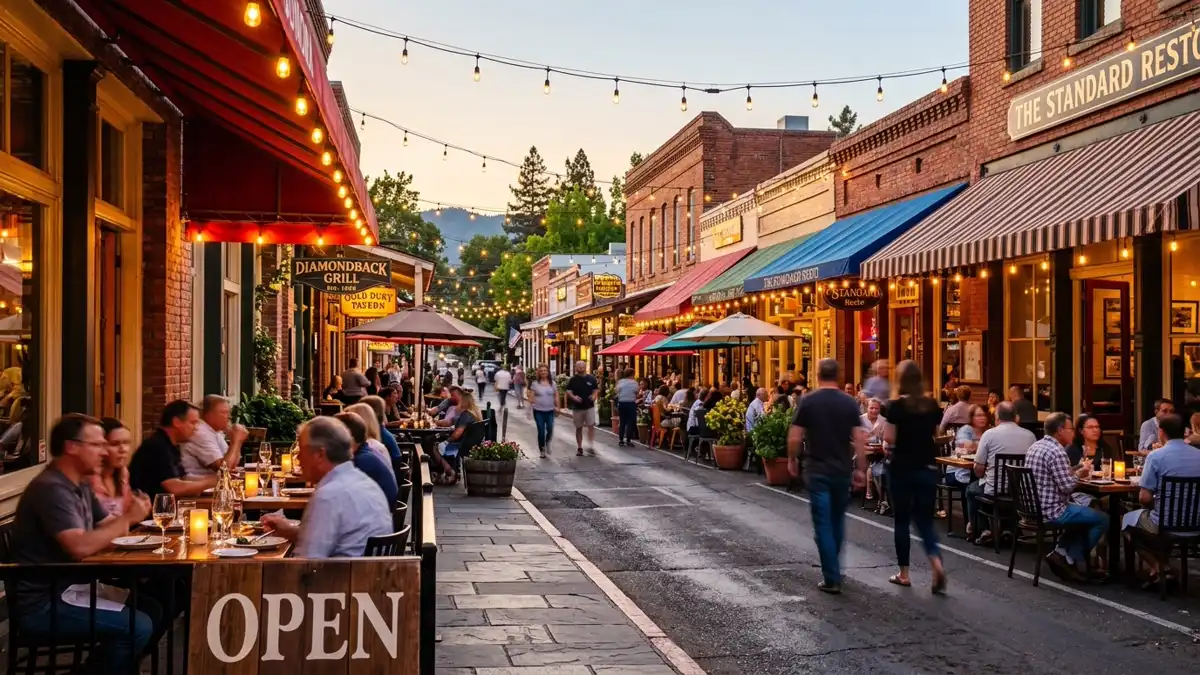 Restaurant district in Tuolumne County, California with nearby public restroom facilities