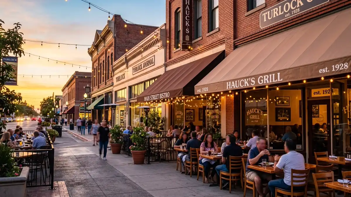 Restaurant district in Turlock, California with nearby public restroom facilities