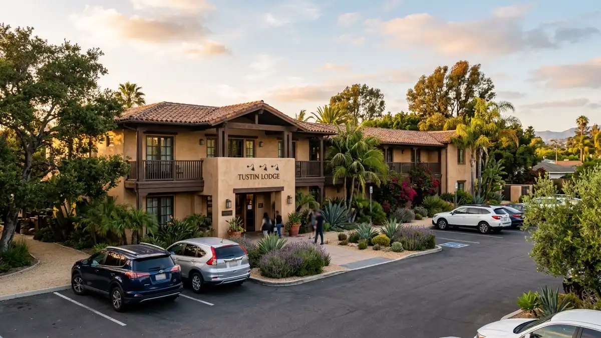 Hotels and accommodation options near mapped restrooms in Tustin, California