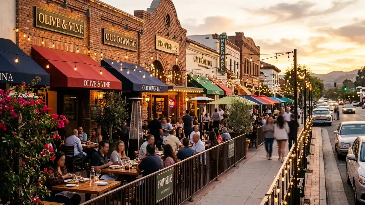 Restaurant district in Tustin, California with nearby public restroom facilities