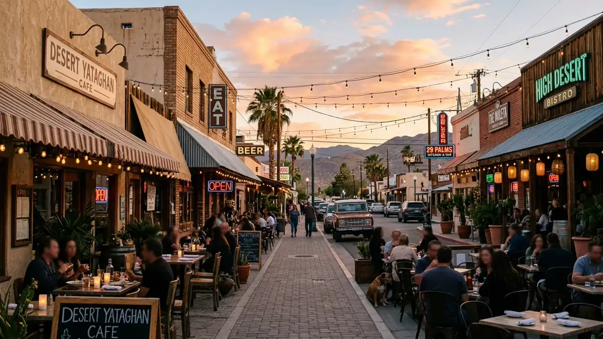Restaurant district in Twentynine Palms, California with nearby public restroom facilities