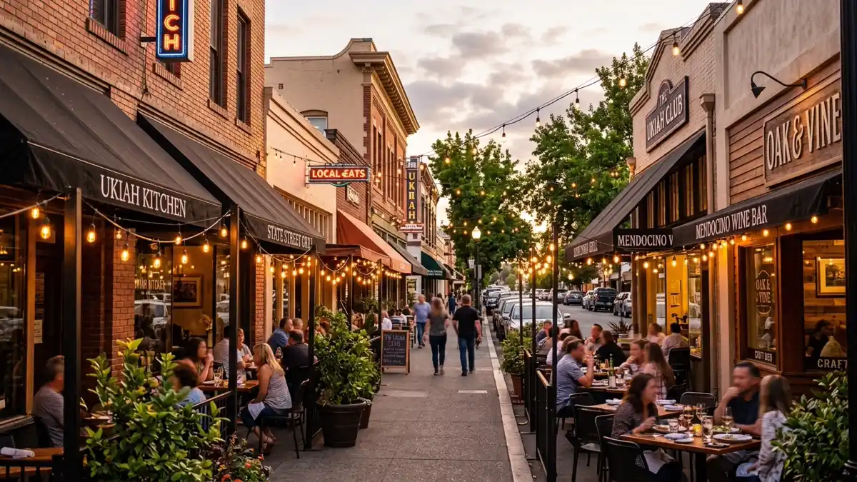 Restaurant district in Ukiah, California with nearby public restroom facilities