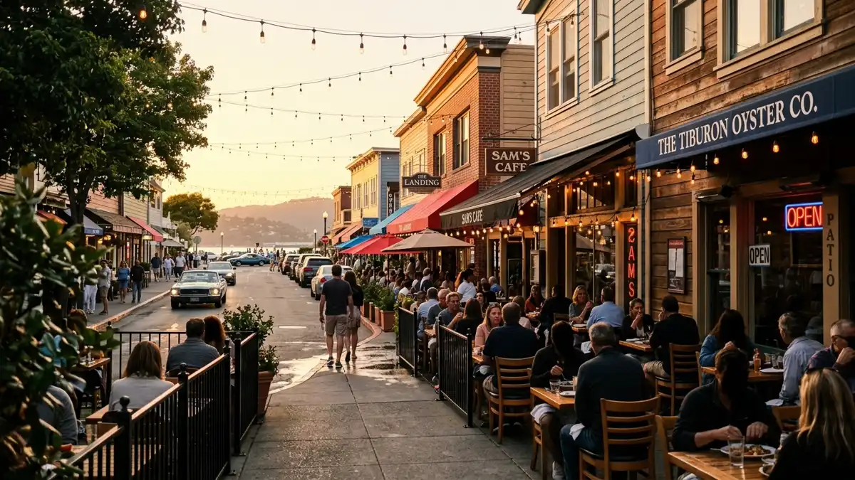 Restaurant district in Unincorporated Tiburon, California with nearby public restroom facilities