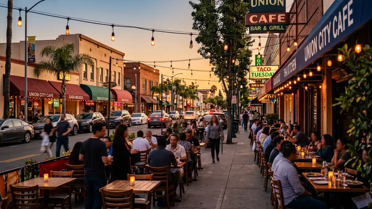 Restaurant district in Union City, California with nearby public restroom facilities